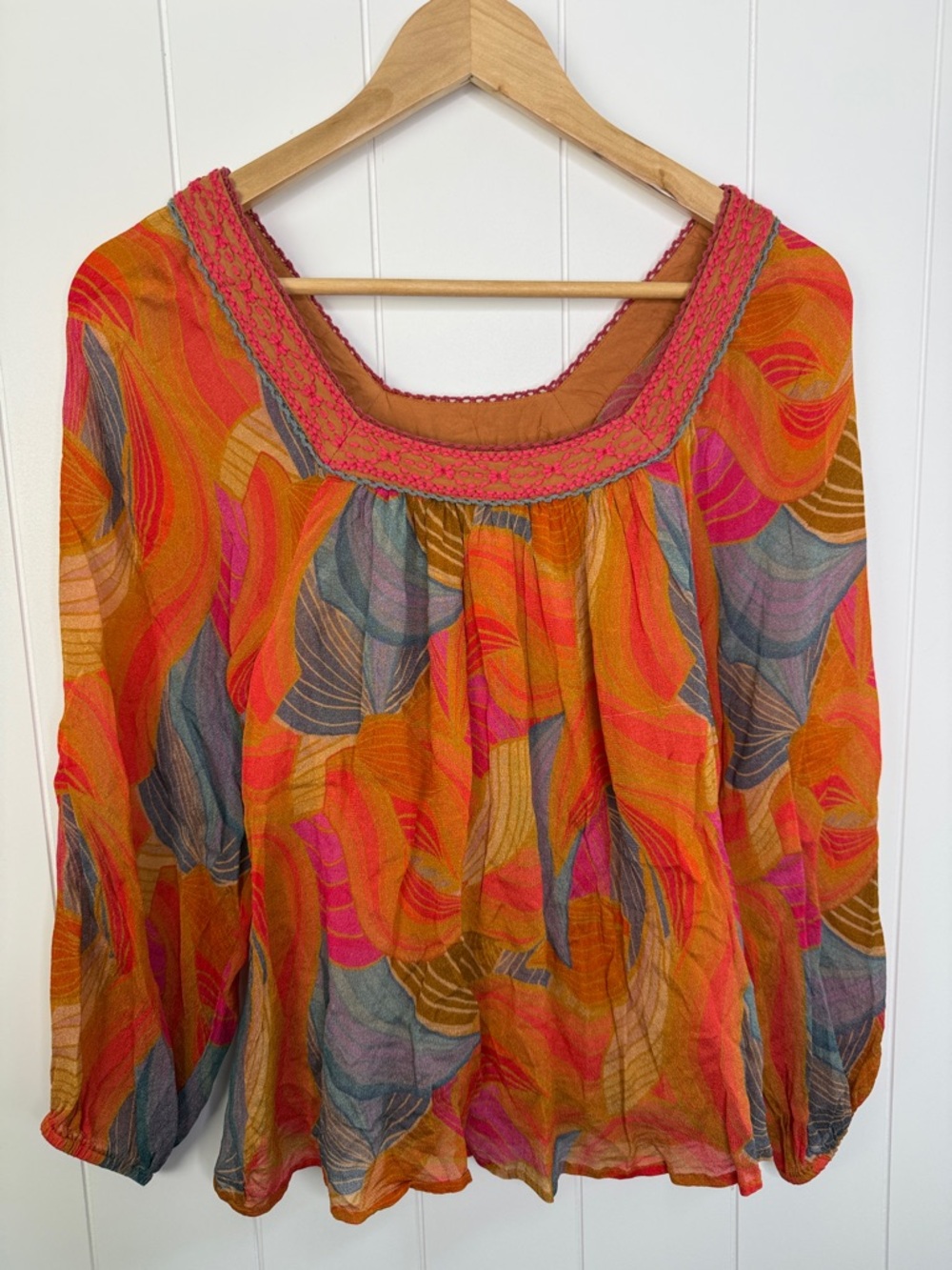 Bl^nk London Anthropologie Women's Tessa Orange Motif Size X-Small Puff Sleeve - Picture 3 of 9